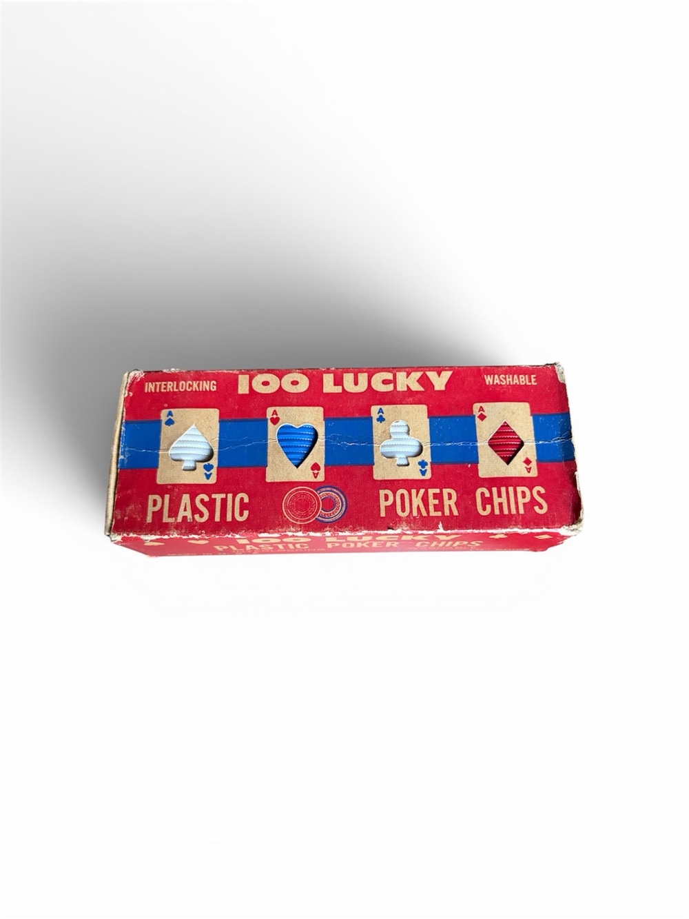 100 Lucky Plastic Poker Chips Box - Red & Cream.  Few chips missing